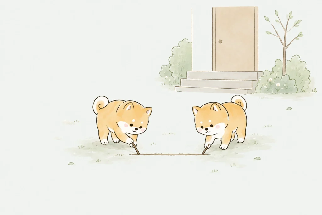 戻る前に線を引く2匹の豆柴