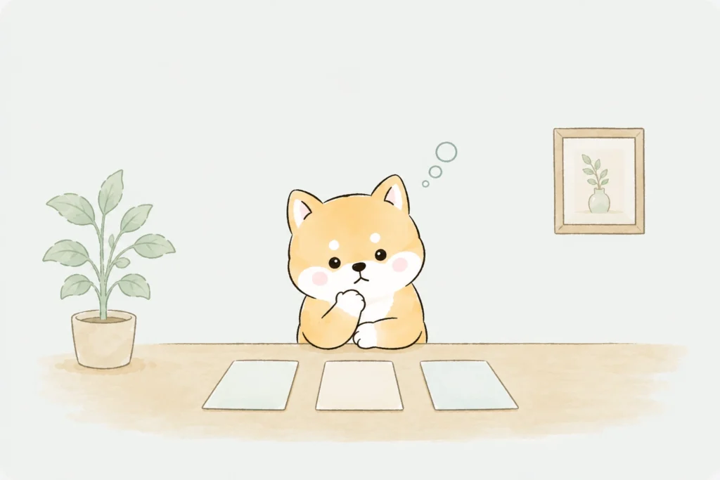 3つの問いを並べる豆柴