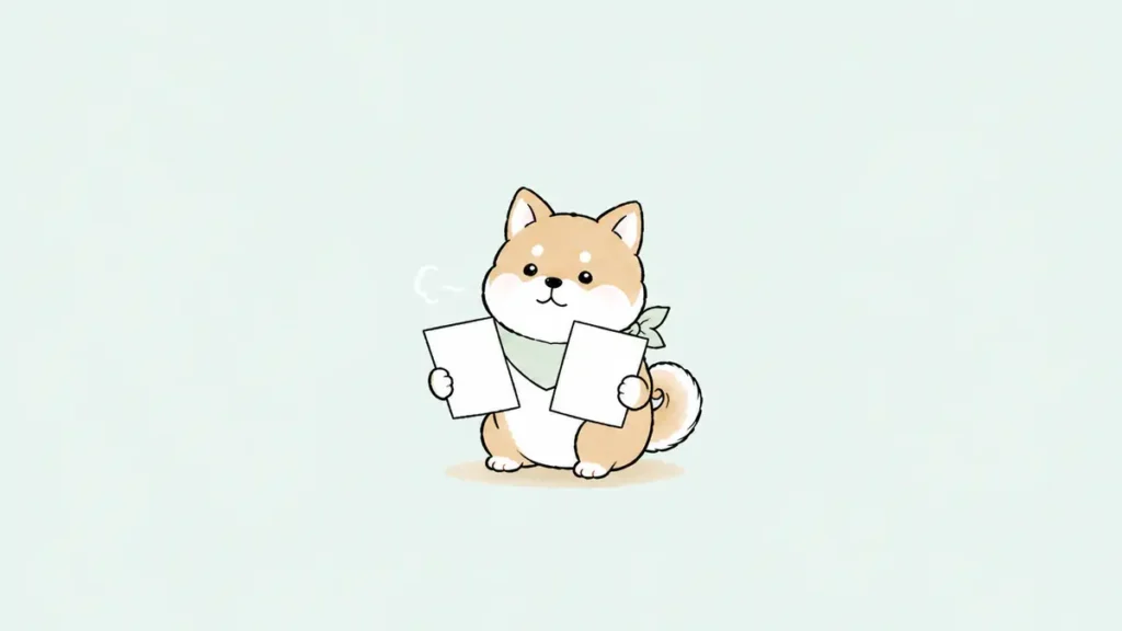 2枚のメモを持ってひと息つく豆柴