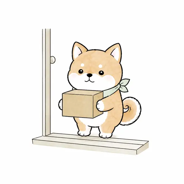 玄関で荷物を受け取る豆柴