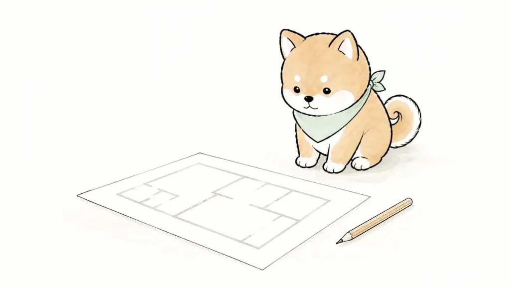 図面を眺める豆柴
