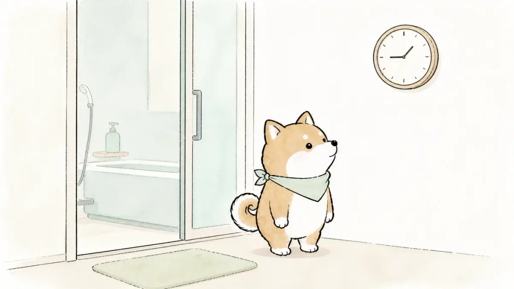 お風呂時間を気にする豆柴